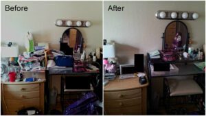 Side-by-side photos of an untidy and a neat dresser