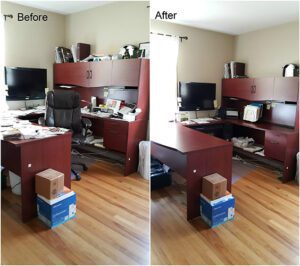 A before and after photo of office spaces