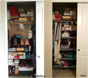 A before and after photo of a disorganized and neat closet