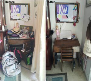 A before and after photo of a cluttered and organized corner