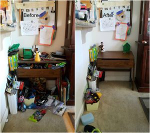 An untidy table and stuff before and after being cleaned