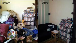 Side-by-side photos of a disorganized room and a clean room