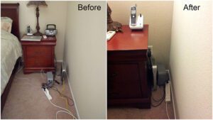 A bedroom with wires on the floor and a bedroom with a tidy floor