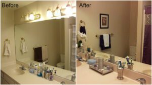 A cluttered bathroom countertop and a minimalist countertop