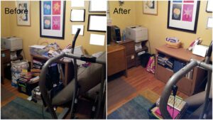 A before and after photo of a messy and organized room