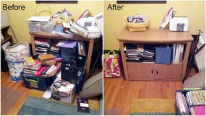A side-by-side photo of messy and organized files and organizers
