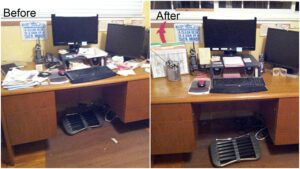 A before and after photo of a disordered and tidy table