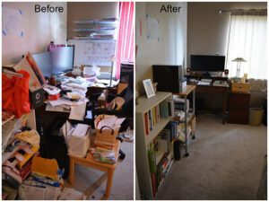 A cluttered room and an organized room