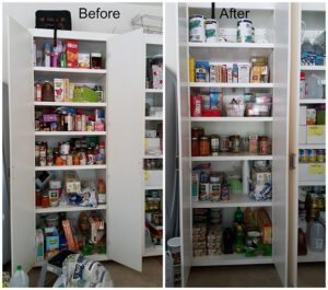 A before and after photo of pantry shelves