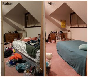 A before and after photo of a tidy attic bedroom