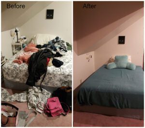 A before and after photo of a clutter-free bedroom