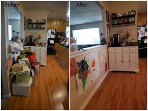 A room with a cluttered corner and a room with a neat corner