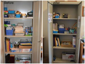 An untidy cabinet and an organized cabinet
