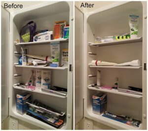 A before and after photo of the supplies inside the wall cabinet
