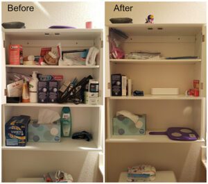 A before and after photo of the supplies inside the wall cabinet
