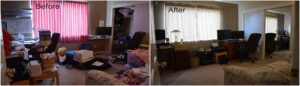 A cluttered room before and after being organized