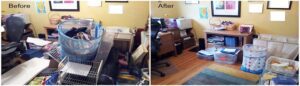 A cluttered room and an organized room