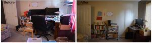 A cluttered room before and after being organized