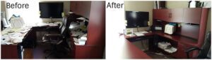 A messy office desk and a tidy office desk