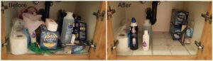 A cabinet filled with cleaning supplies and a tidy cabinet with less stuff