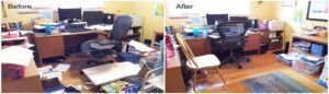 A chaotic office before and after cleaning